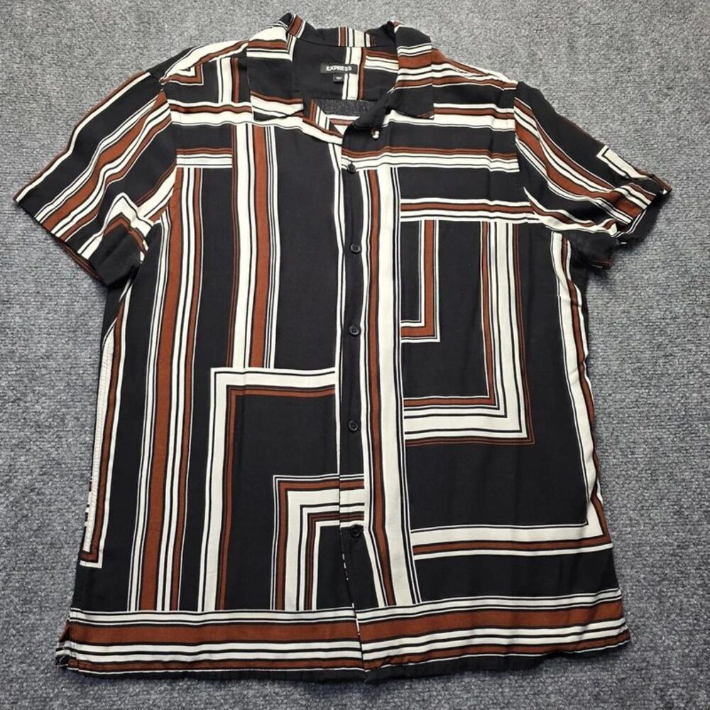 Geometric Stripe Short Sleeve Button-Up Shirt Size Large